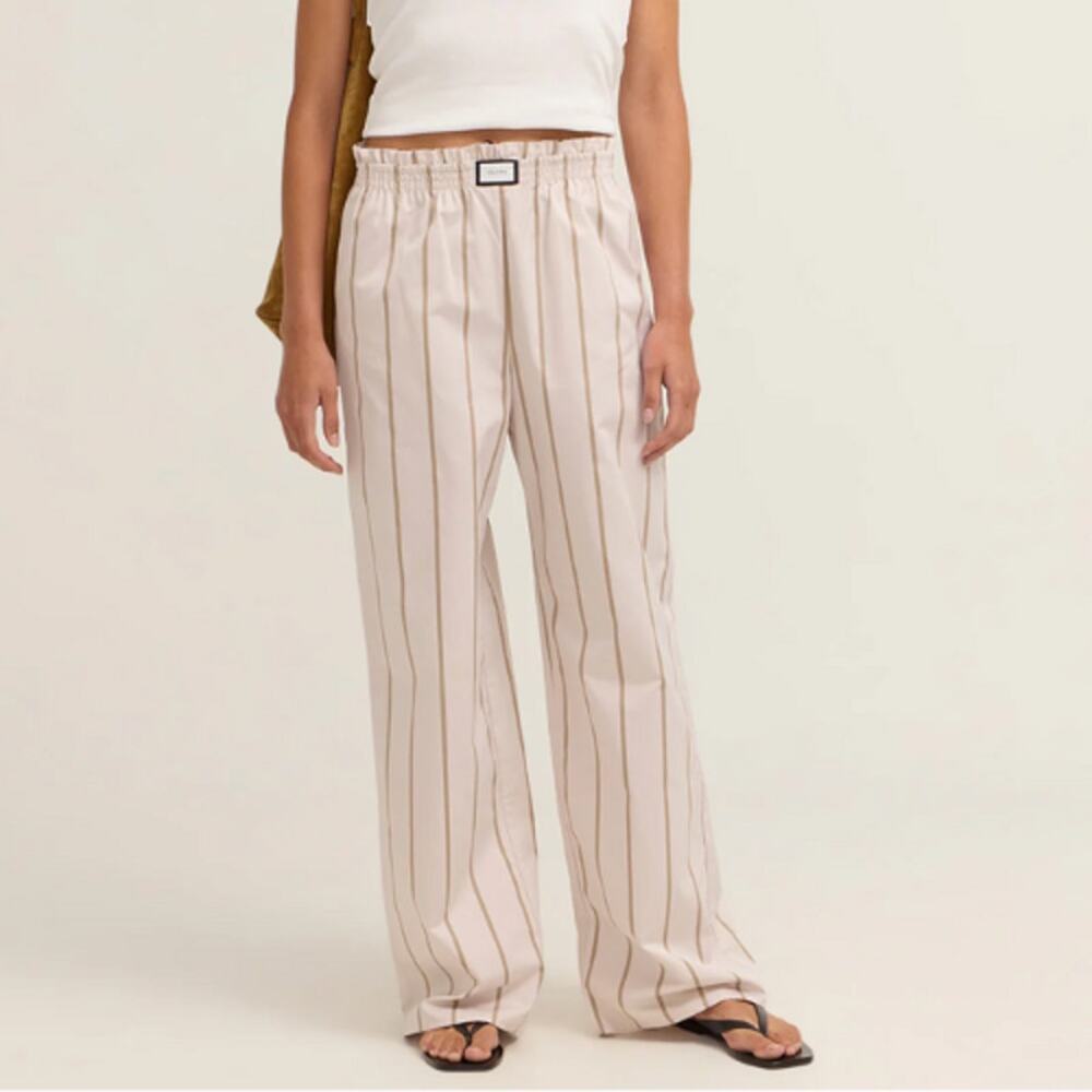 Yaitte Janeiro Trouser Tofu and Sand Striped Cotton Wide Leg Pull On Pants Sz M